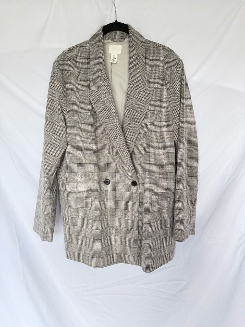 H&M Oversized Double-Breasted Plaid Blazer Jacket - Gray